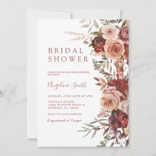 Fall Marsala Blume Brautparty Einladung (Vorderseite)