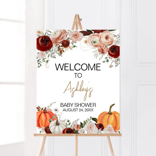 Fall Marsala Burgundy Floral Pumpkin Willkommen Poster