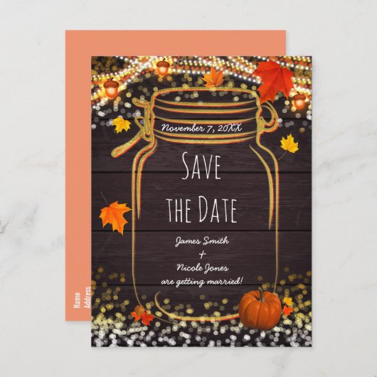 Fall Mason Jar Rustikaler Herbst Save the Date Ankündigungspostkarte (Vorne/Hinten)