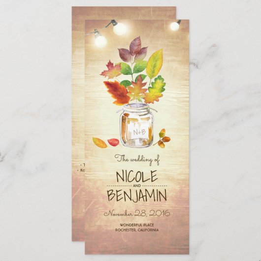 Fall Mason Jar und String Lights Hochzeitsprogramm Programm (Vorne/Hinten)