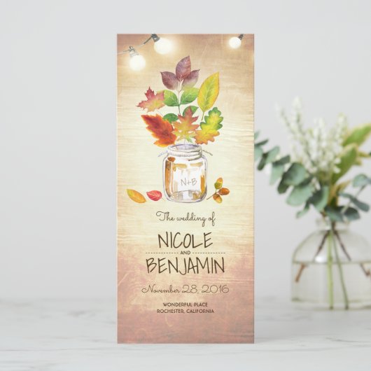 Fall Mason Jar und String Lights Hochzeitsprogramm Programm (Stehend Vorderseite)