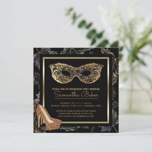 Fall Masquerade Party | Black Gold Kostümball Einladung (Stehend Vorderseite)
