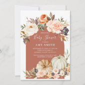 Fall Modern Arch Floral und Pumpkin Baby Dusche  Einladung (Vorderseite)