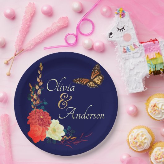 Fall Monarch Butterfly Bläsernavy Blauer Hochzeit Pappteller (Party)