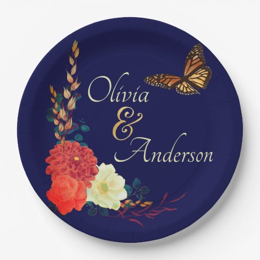 Fall Monarch Butterfly Bläsernavy Blauer Hochzeit Pappteller (Vorderseite)