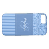 Fall Monogram Blue Damask Stripe iPhone 7 Case-Mate iPhone Hülle (Rückseite (Horizontal))