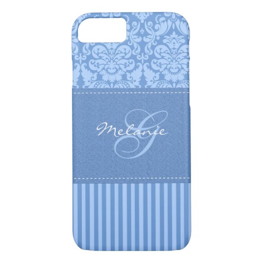 Fall Monogram Blue Damask Stripe iPhone 7 Case-Mate iPhone Hülle (Rückseite)