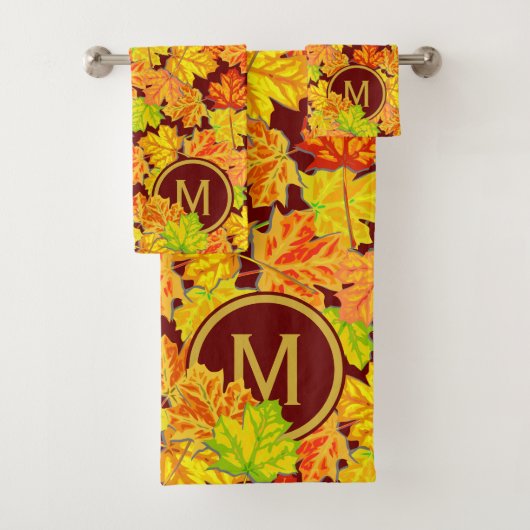 Fall-Monogramm-Ahorn verlässt Herbst-Laub-Muster Badhandtuch Set (Insitu)