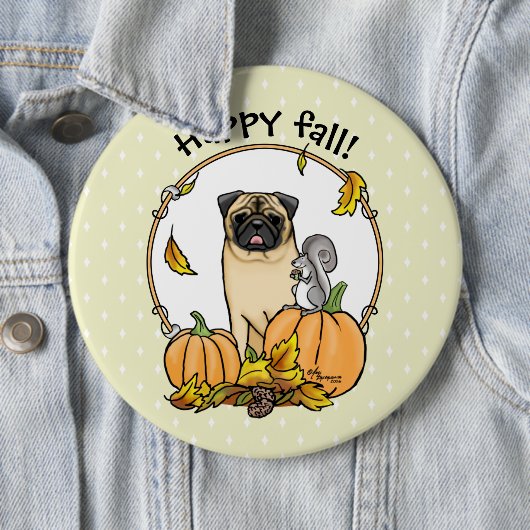 Fall Mops Hund (fawn) Pumpkins Blätter Niedlich Button (Beispiel)