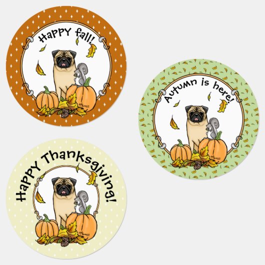Fall Mops Hund (fawn) Pumpkins Blätter Niedlich Etiketten (Gruppe)
