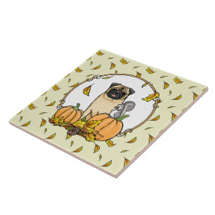 Fall Mops Hund (fawn) Pumpkins Blätter Niedlich Fliese