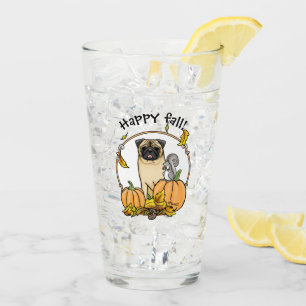 Fall Mops Hund (fawn) Pumpkins Blätter Niedlich Glas