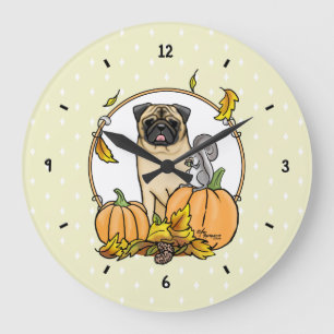 Fall Mops Hund (fawn) Pumpkins Blätter Niedlich Große Wanduhr
