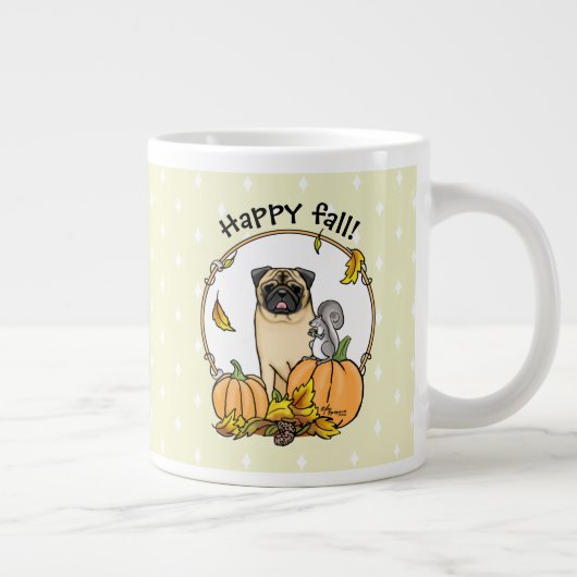 Fall Mops Hund (fawn) Pumpkins Blätter Niedlich Jumbo-Tasse (Rechts)