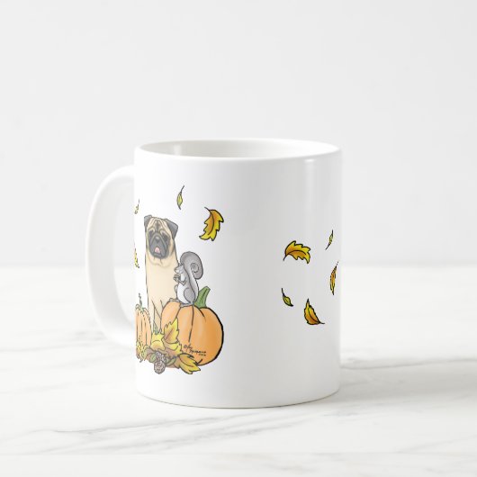 Fall Mops Hund (fawn) Pumpkins Blätter Niedlich Kaffeetasse (Vorderseite Links)