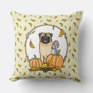 Fall Mops Hund (fawn) Pumpkins Blätter Niedlich Kissen