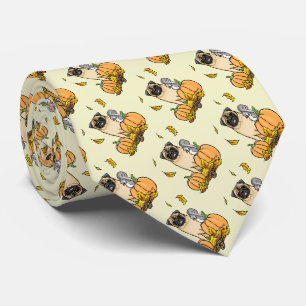 Fall Mops Hund (fawn) Pumpkins Blätter Niedlich Krawatte