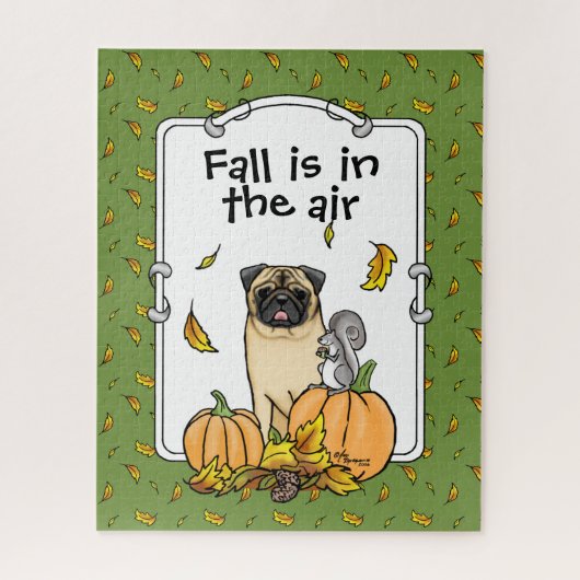 Fall Mops Hund (fawn) Pumpkins Blätter Niedlich Puzzle (Vertikal)