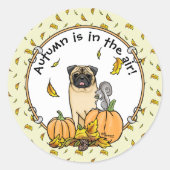 Fall Mops Hund (fawn) Pumpkins Blätter Niedlich Runder Aufkleber (Vorderseite)