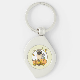 Fall Mops Hund (fawn) Pumpkins Blätter Niedlich Schlüsselanhänger