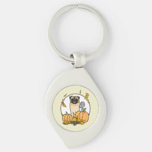 Fall Mops Hund (fawn) Pumpkins Blätter Niedlich Schlüsselanhänger (Vorderseite)