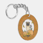 Fall Mops Hund (fawn) Pumpkins Blätter Niedlich Schlüsselanhänger (Vorderseite links)