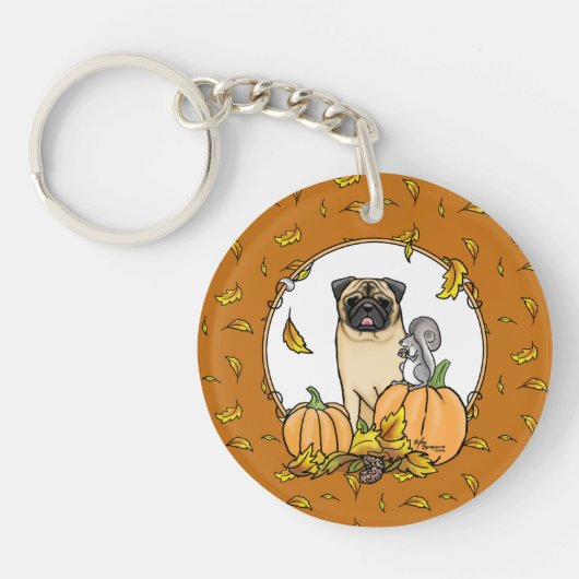 Fall Mops Hund (fawn) Pumpkins Blätter Niedlich Schlüsselanhänger (Vorderseite)