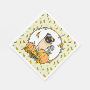 Fall Mops Hund (fawn) Pumpkins Blätter Niedlich Serviette