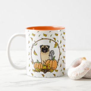 Fall Mops Hund (fawn) Pumpkins Blätter Niedlich Zweifarbige Tasse