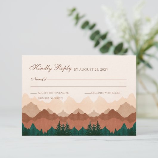 Fall Mountain Terracotta Forest Wedding RSVP Card (Stehend Vorderseite)