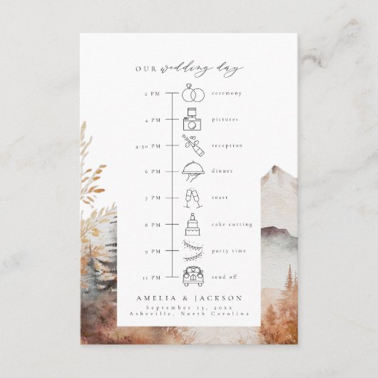 Fall Mountain Wedding Timeline mit Symbolen Begleitkarte (Vorderseite)
