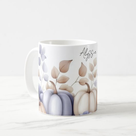 Fall Mug with blue and beige Pumpkins and Flowers Kaffeetasse (Vorderseite Links)