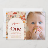 Fall Mushroom Wildflower 1st Birthday Tan Photo Einladung (Vorderseite)