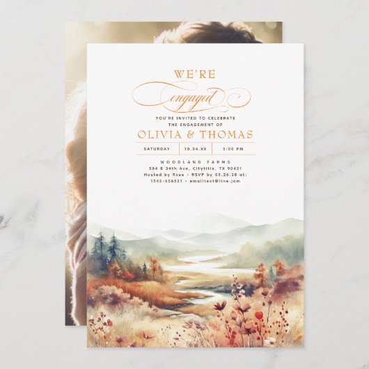 Fall Nature Romantic Engagement Party Foto Einladung (Vorne/Hinten)