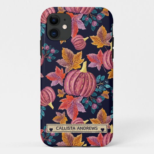 Fall Navy Pumpkin Blätter Wasserfarben Monogram Case-Mate iPhone Hülle (Rückseite)