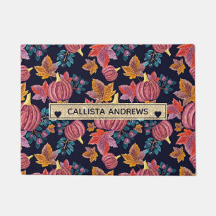 Fall Navy Pumpkin Blätter Wasserfarben Monogram Fußmatte
