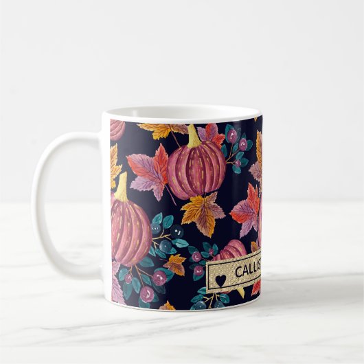 Fall Navy Pumpkin Blätter Wasserfarben Monogram Kaffeetasse (Links)