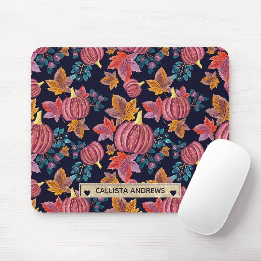 Fall Navy Pumpkin Blätter Wasserfarben Monogram Mousepad (Mit Mouse)