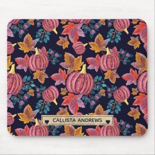 Fall Navy Pumpkin Blätter Wasserfarben Monogram Mousepad