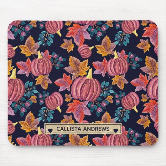 Fall Navy Pumpkin Blätter Wasserfarben Monogram Mousepad (Vorne)