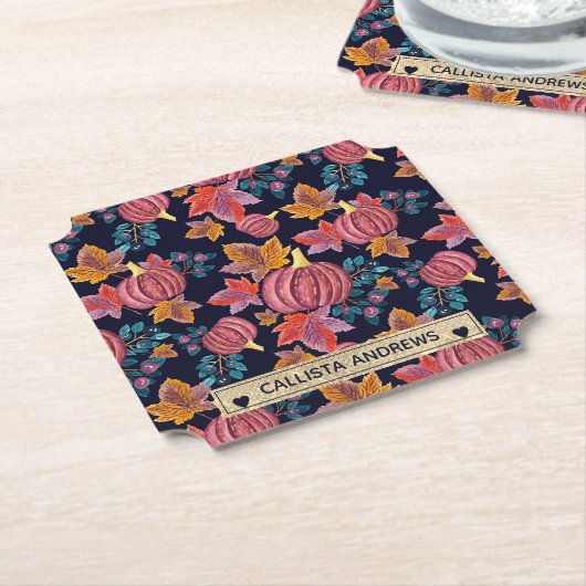 Fall Navy Pumpkin Blätter Wasserfarben Monogram Untersetzer (angewinkelt)