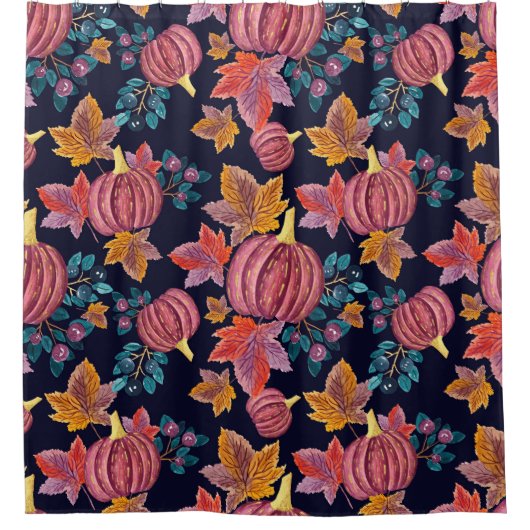 Fall Navy Pumpkin Blätter Wasserfarbmuster Duschvorhang (Vorderseite)