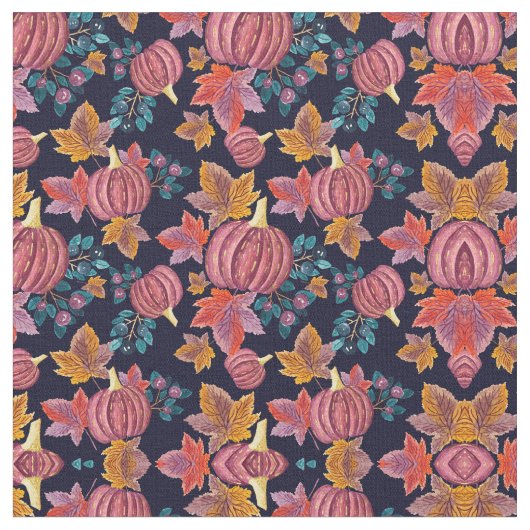 Fall Navy Pumpkin Blätter Wasserfarbmuster Stoff (Nahaufnahme)
