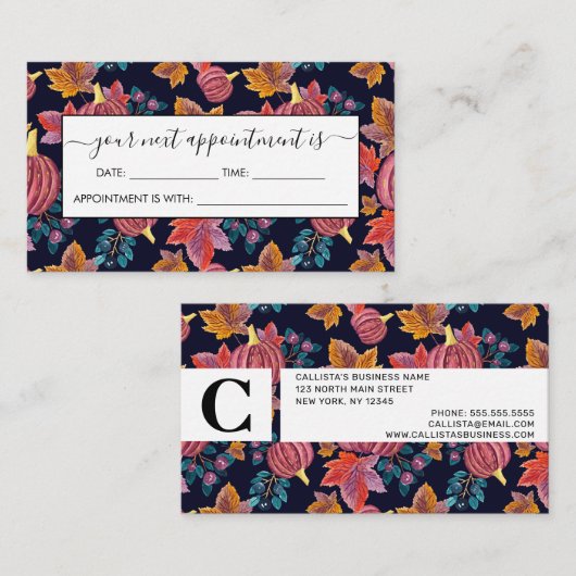 Fall Navy Pumpkin Blätter Wasserfarbmuster Terminkarte (Vorne/Hinten)