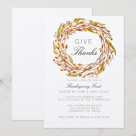 Fall Nest Erntedank | Wasserfarbe Einladung (Vorne/Hinten)