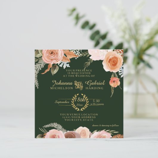 Fall Neutral Blush Bloral Foliage Forest Green Einladung (Stehend Vorderseite)