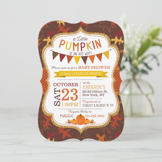 Fall Oak Blätter und Pumpkins Kinderdusche laden e Einladung (Stehend Vorderseite)