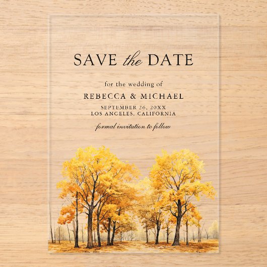 Fall Oak Trees Wedding Save the Date Acryleinladungen (Vorderseite)