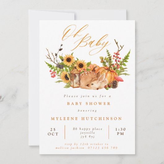 Fall Oh Baby Deer Pumpkin & Sunflower Baby Dusche Einladung (Vorderseite)