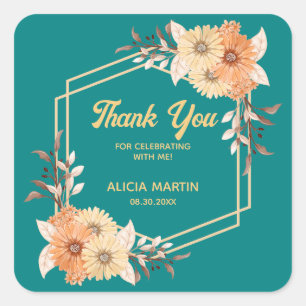 Fall Orange Blume Gold Aquamarin Danke Quadratischer Aufkleber